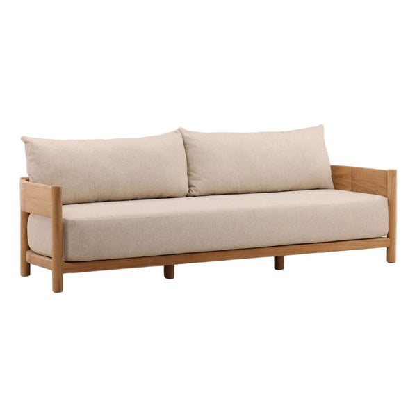 Lisren Sand Teak Outdoor Sofa, three-quarter studio view