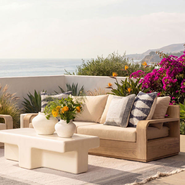Lucren Sand and Grey Outdoor Sofa, lifestyle view