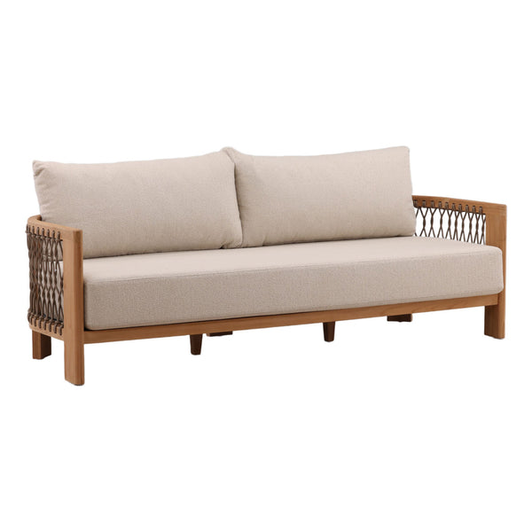Mersren Sand Teak Outdoor Sofa, three-quarter studio view