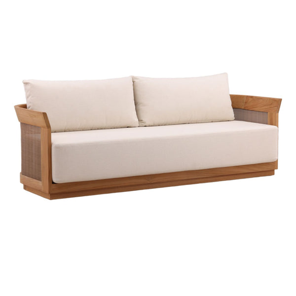 Cressren Cream Teak Outdoor Sofa, three-quarter studio view