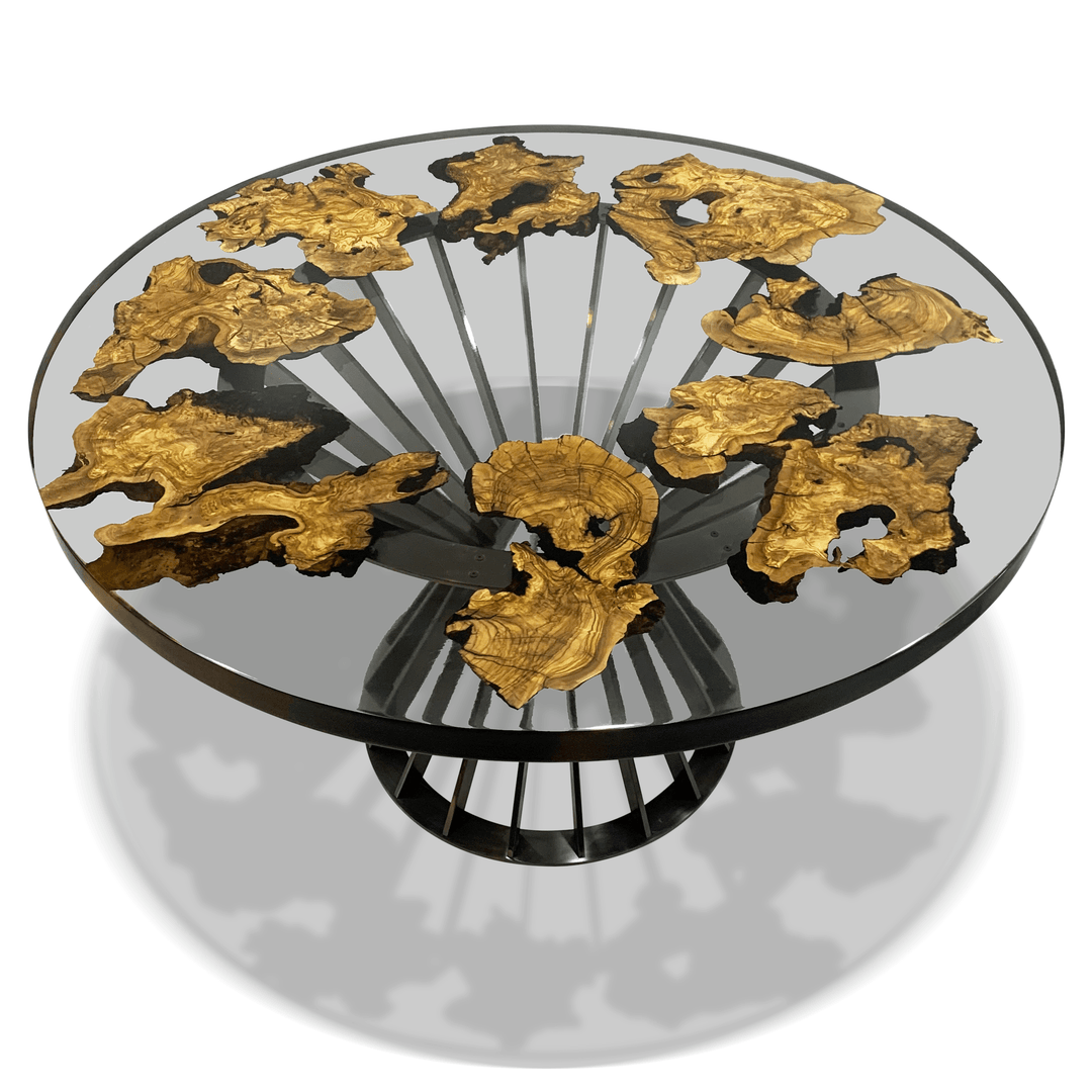 Pasiphae Round Dining Table - Dining Table - www.arditicollection.com - Olive Wood Dining Table, dining tables, dining chairs, buffets sideboards, kitchen islands counter tops, coffee tables, end side tables, center tables, consoles, accent chairs, sofas, tv stands, cabinets, bookcases, poufs benches, chandeliers, hanging lights, floor lamps, table desk lamps, wall lamps, decorative objects, wall decors, mirrors, walnut wood, olive wood, ash wood, silverberry wood, hackberry wood, chestnut wood, oak wood