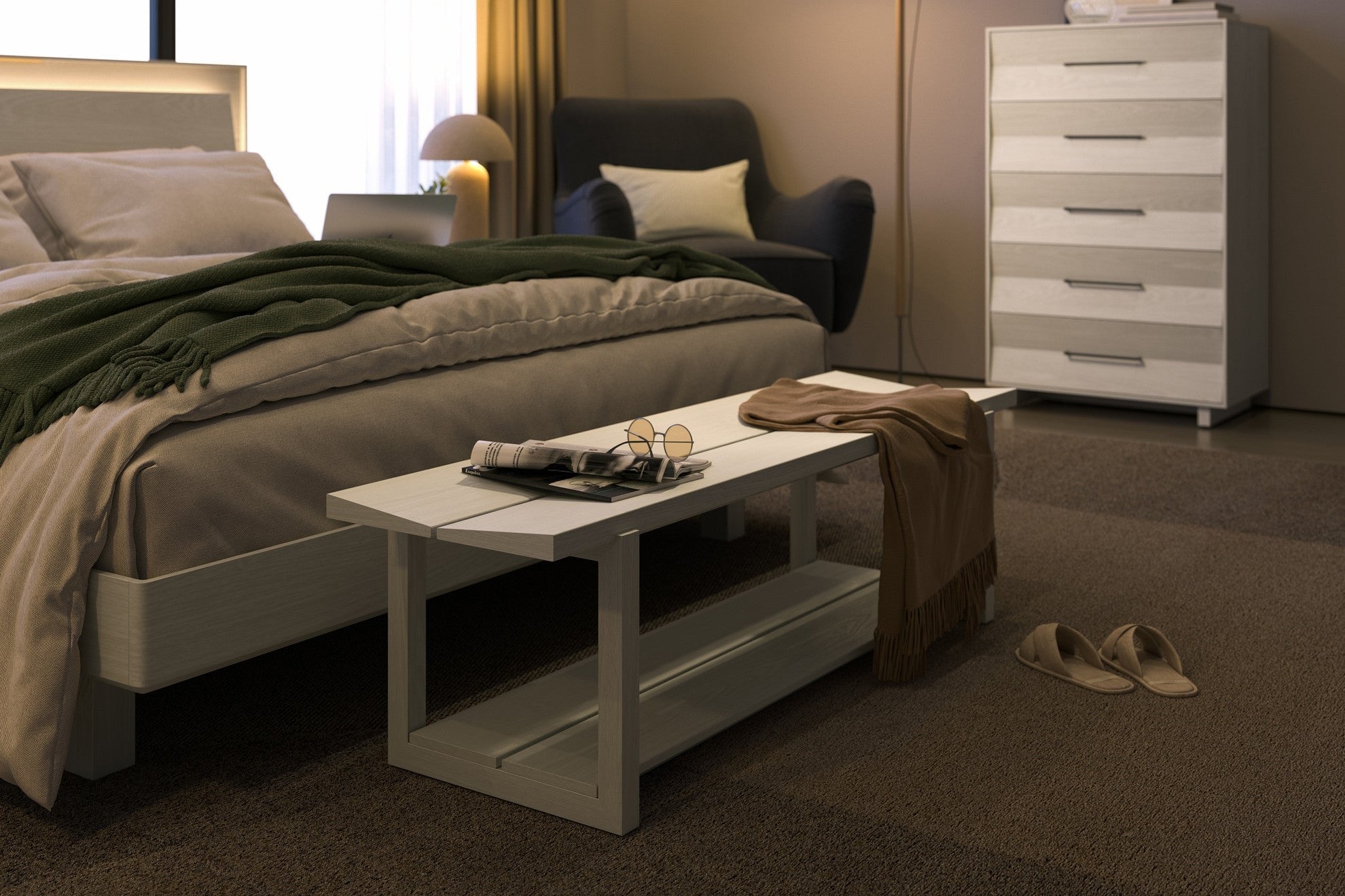 BDI KAVA washed oak bed with KAVA bench and tall KAVA chest in a warm modern bedroom