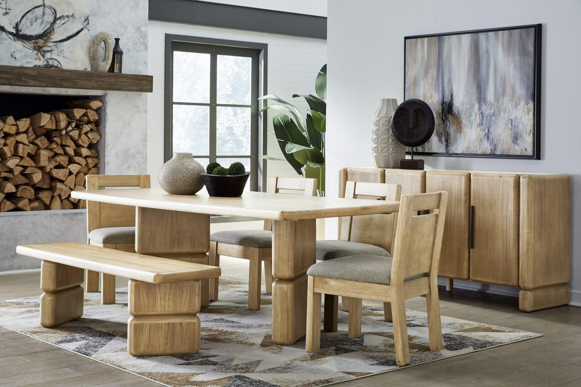 Modus Nia rectangular dining table with chenille upholstered dining chairs, Nia dining bench and four-door sideboard