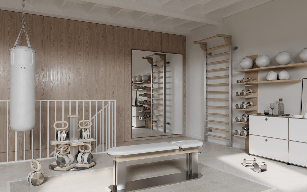 FYSIK adjustable bench and free weights in a refined home gym interior