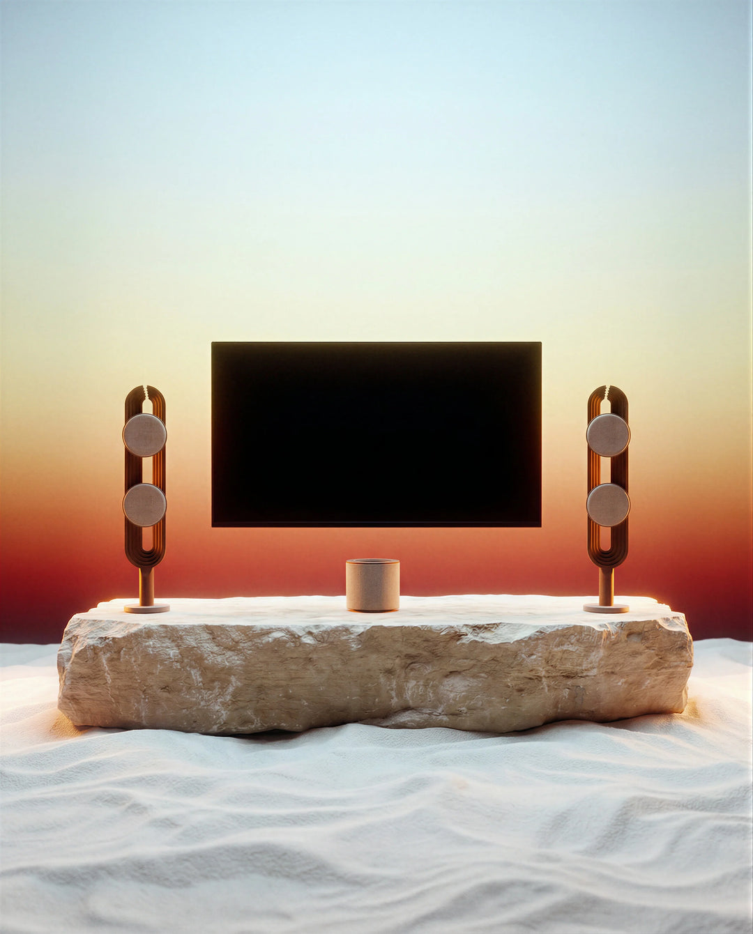 PENT Audio sculptural speakers flanking a television above a natural stone console