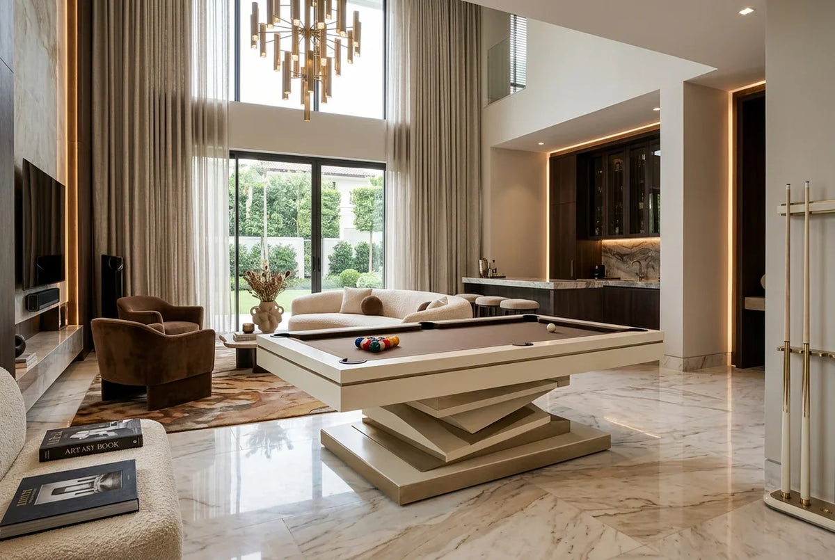 White Billiards California modern slate pool table in a luxury open living space