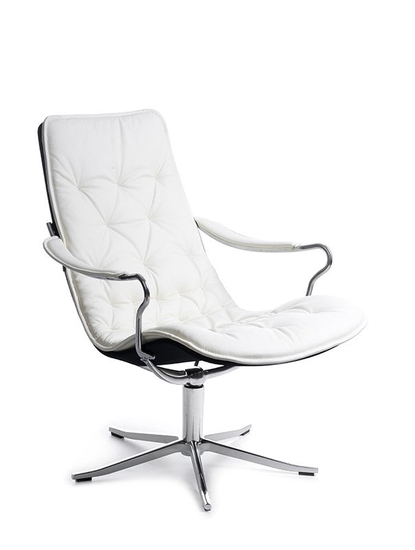 Conform Bravo Low Back chair in Fantasy Snow White upholstery with tufted cushions and a polished four-star swivel base