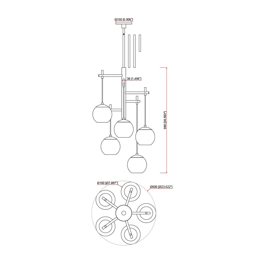 Nucleus Nuclues 5-Light Pendant by Studio M Lighting – line drawing