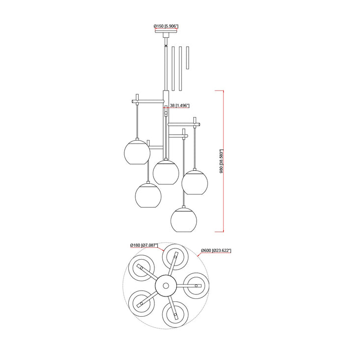 Nucleus Nuclues 5-Light Pendant by Studio M Lighting – line drawing