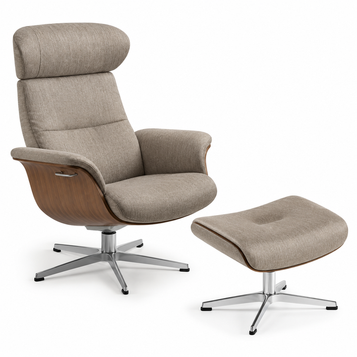 Timeout Recliner + Footstool – Taupe Leather/Walnut Conform