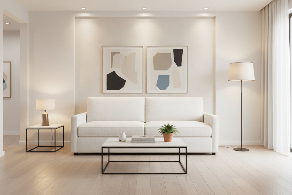 A modern two-seater sofa upholstered in a textured off-white fabric, shown from a straight-on front angle against a solid white background.