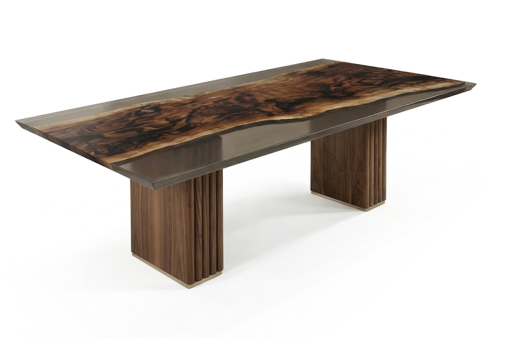 Arditi Noctis walnut and transparent Camel resin dining table with sculptural wood base and satin bronze details, studio view on white