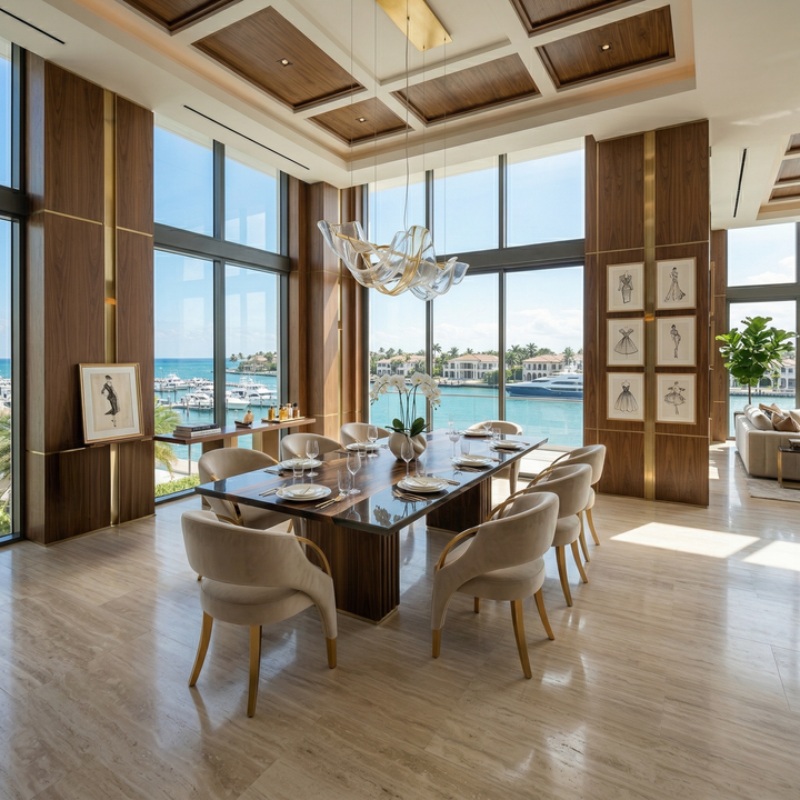 Arditi Noctis walnut and Camel resin dining table with light upholstered chairs in a wood-paneled waterfront dining room