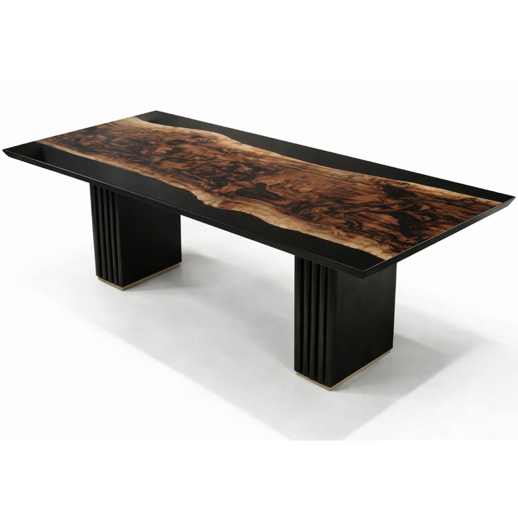 Arditi Black Noctis walnut and black resin dining table with black oiled sculptural base and satin bronze details, studio view on white