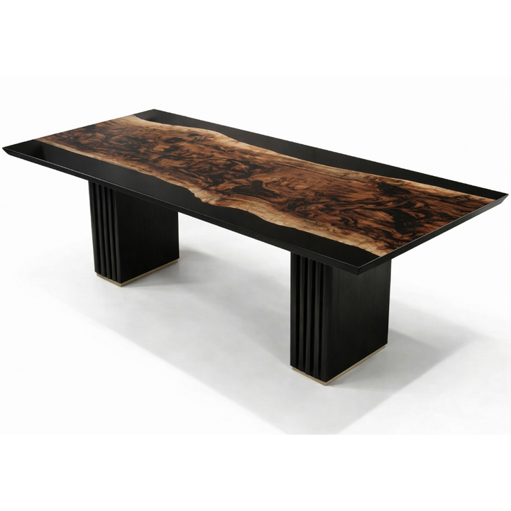 Arditi Black Noctis walnut and black resin dining table with black oiled sculptural base and satin bronze details, studio view on white
