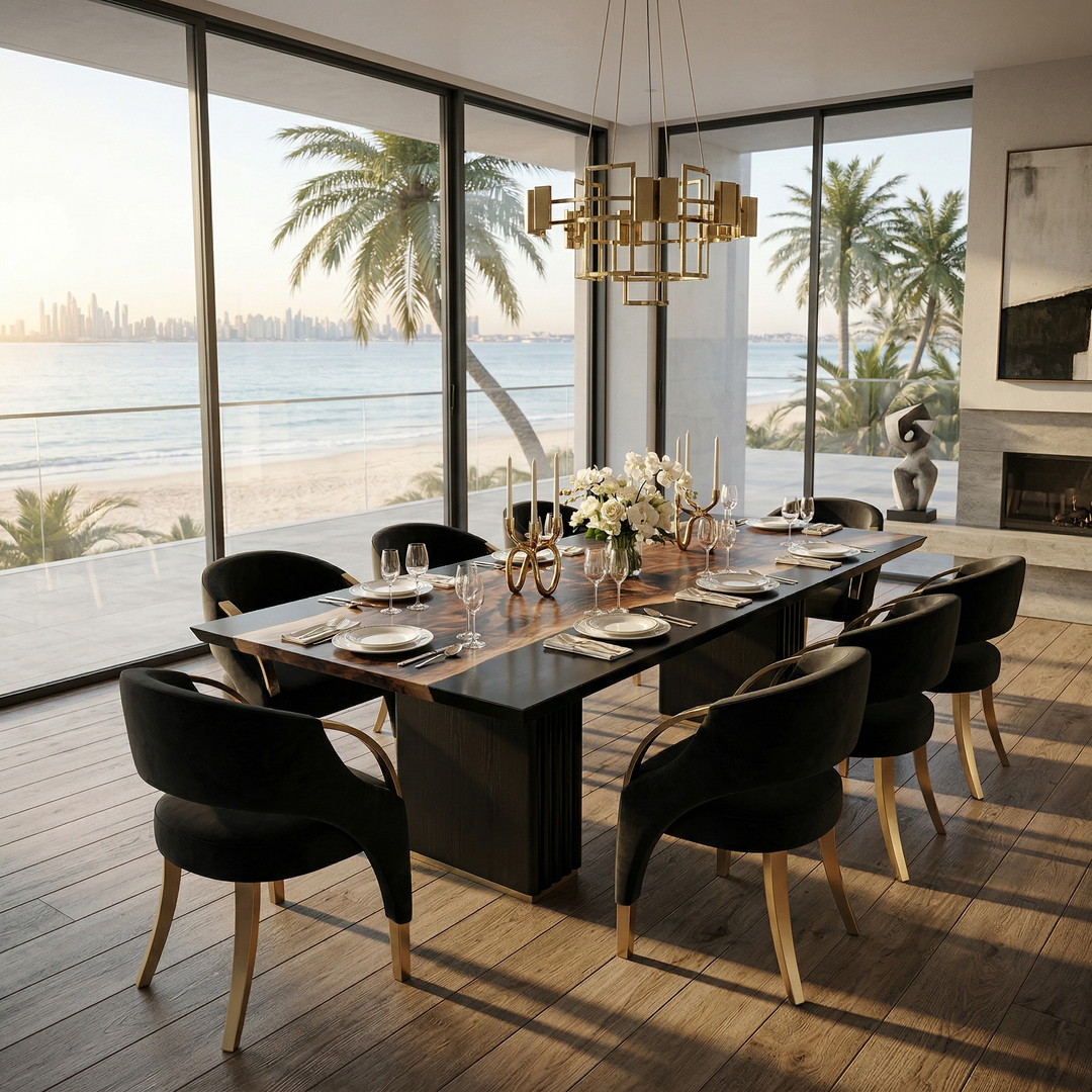 Arditi Black Noctis walnut and black resin dining table with black upholstered chairs in a sunlit waterfront dining room