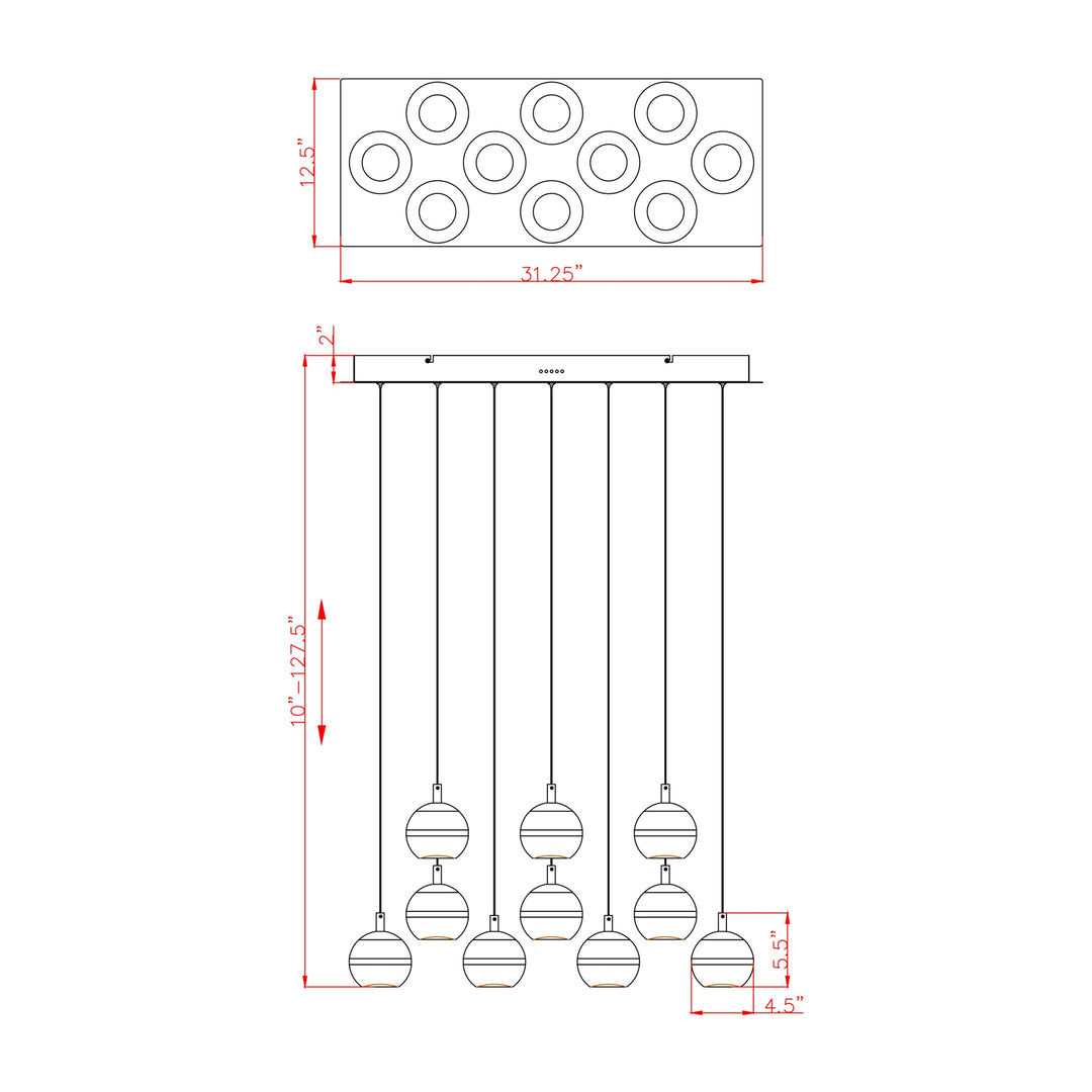 Swank LED 10-Light Rectangular Pendant by Studio M Lighting – line drawing