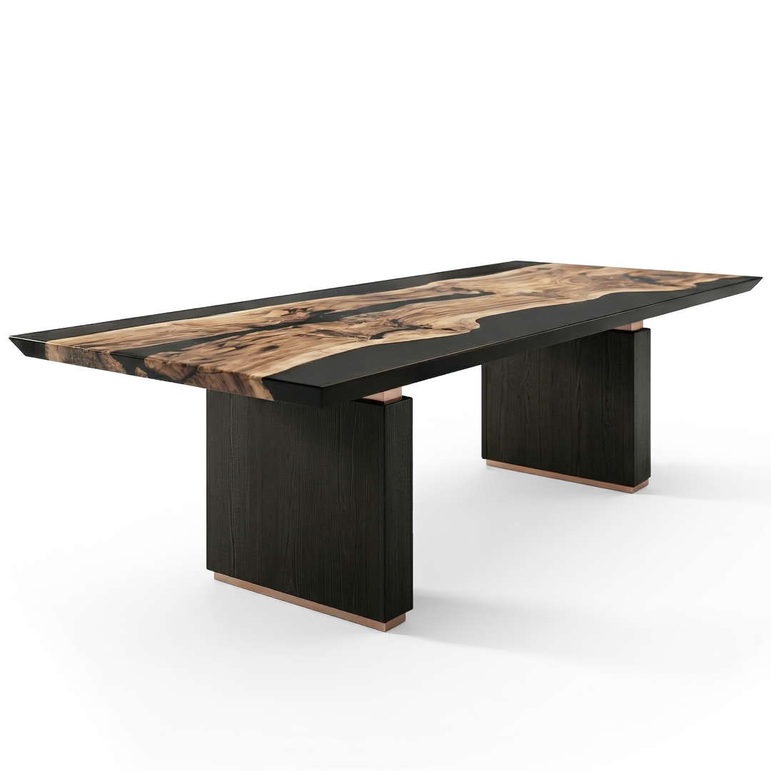 Arditi Black Morpheus dining table with natural walnut and black resin top, sculptural black base and satin bronze details, studio view on white