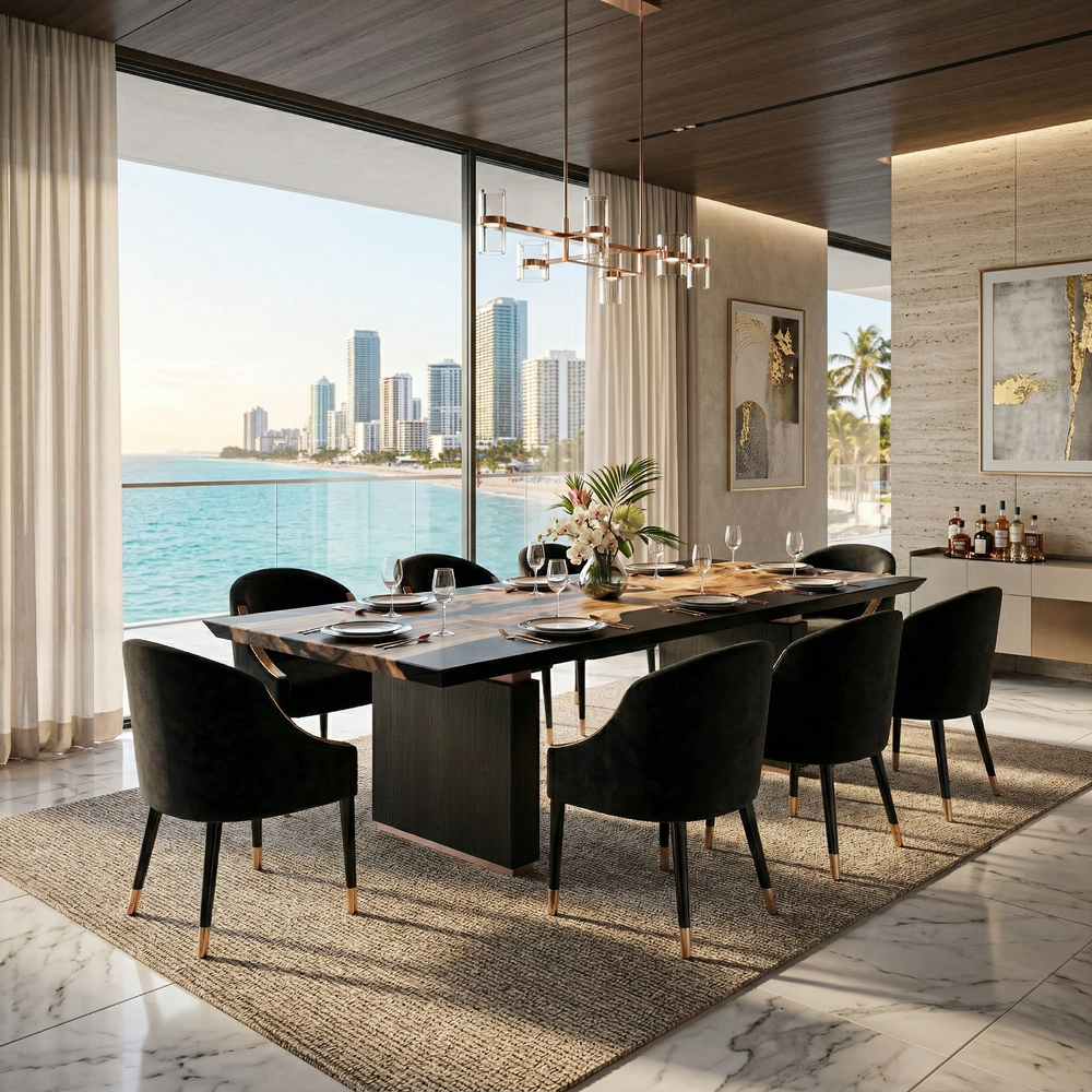 Arditi Black Morpheus walnut and black resin dining table with black upholstered chairs in a waterfront dining room overlooking the city