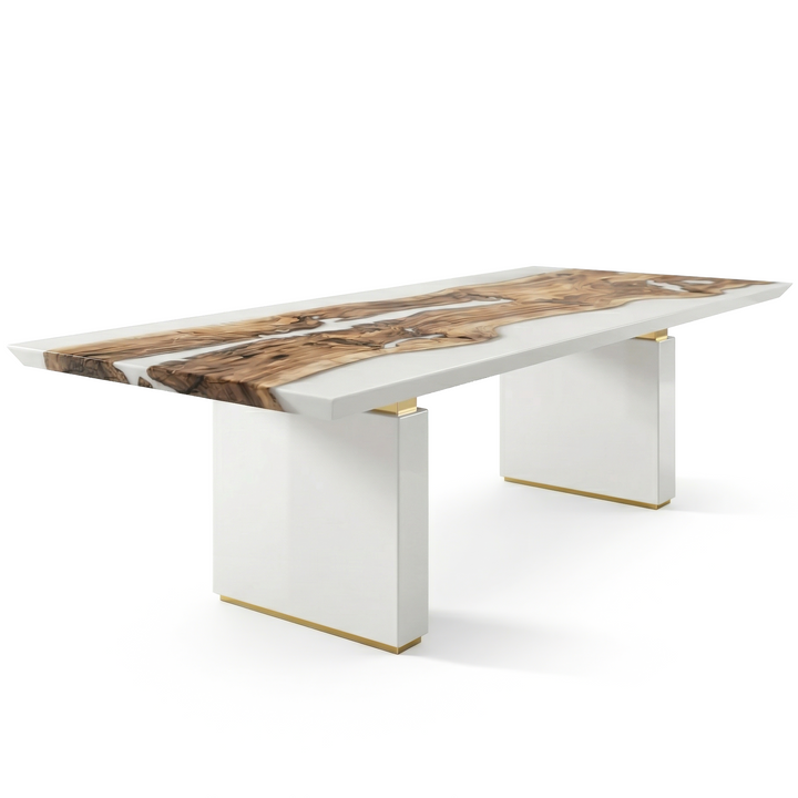 Arditi White Morpheus dining table with natural walnut and white resin top, white sculptural base and satin bronze details, studio view on white
