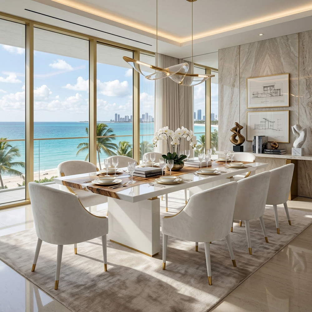 Arditi White Morpheus walnut and white resin dining table with upholstered chairs in a bright ocean-view dining room