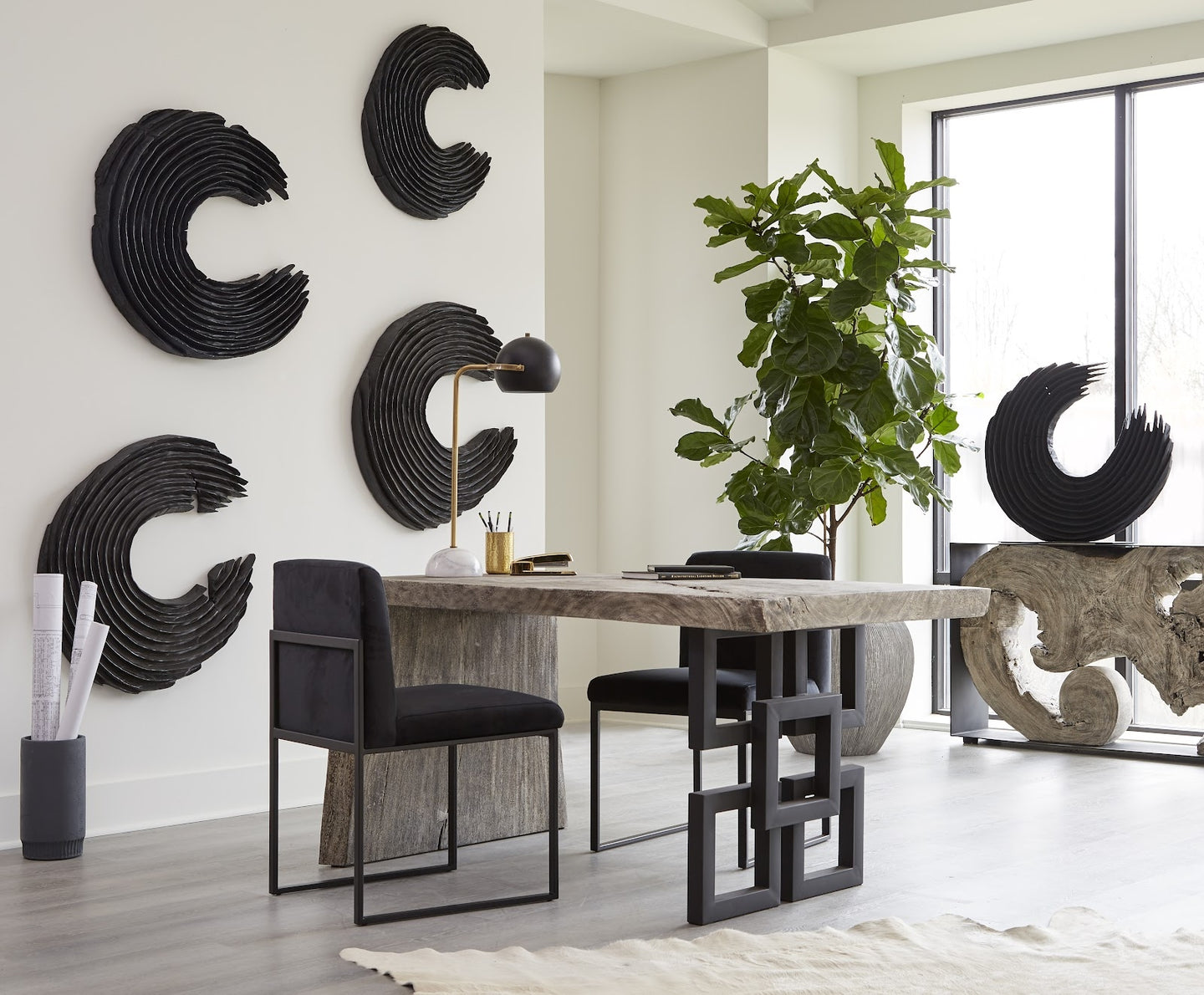 Waterfall Desk Gray Stone, Satin Black Overlap Leg Desks Phillips Collection