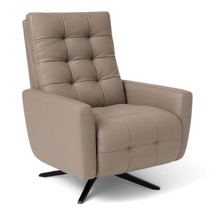 American Leather Como Comfort Solace recliner in taupe leather with buttonless tufting and a four-star base, angled studio view on white