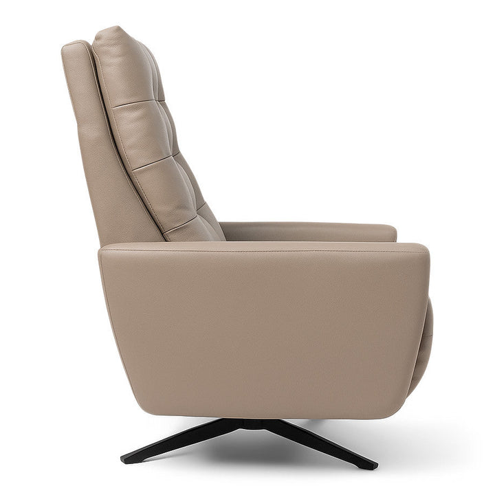 American Leather Como Comfort Solace recliner in taupe leather with a four-star metal base, side studio view on white