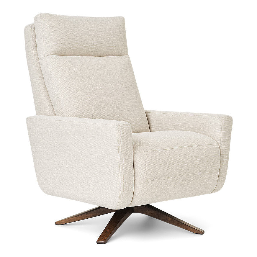 American Leather Cumulus Comfort Solace recliner in cream textured upholstery with walnut-accented four-star base, angled studio view on white