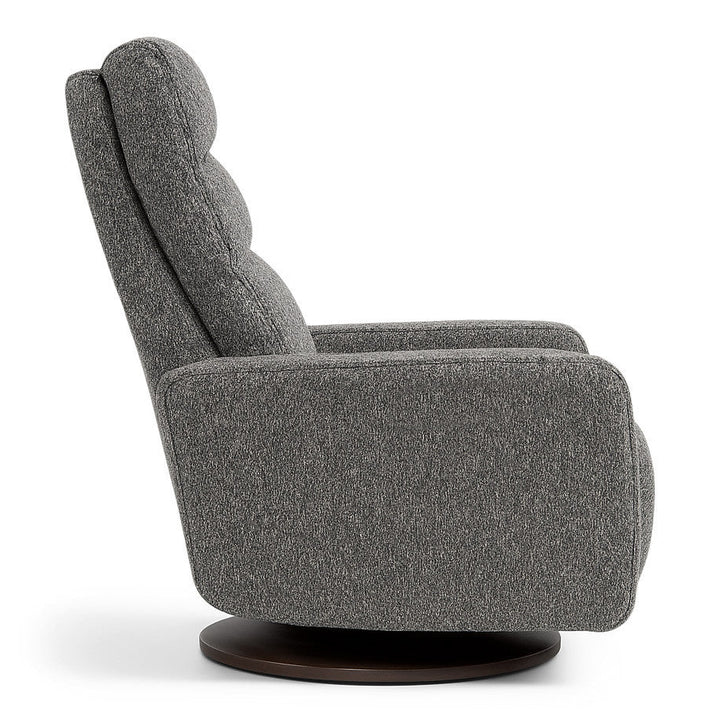 American Leather Lanier Comfort Solace recliner in gray textured upholstery with a wood disc base, side studio view on white