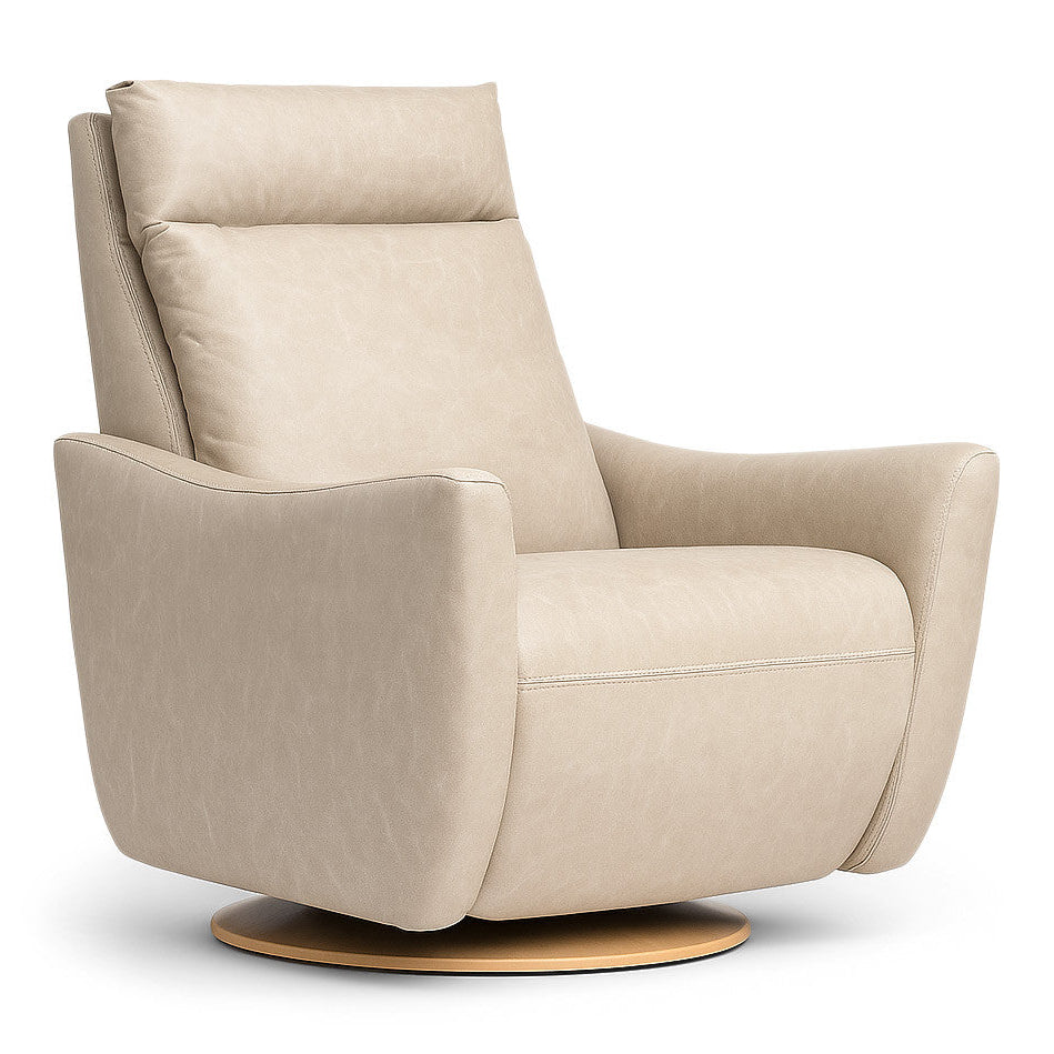 American Leather Ontario Comfort Solace recliner in cream upholstery with a warm metal disc base, angled studio view on white