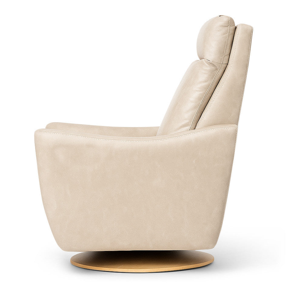 American Leather Ontario Comfort Solace recliner in cream leather with a warm metal disc base, side studio view on white