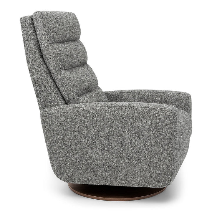 American Leather Lanier Comfort Solace recliner in gray textured upholstery with channel detailing and a wood disc base, angled studio view on white