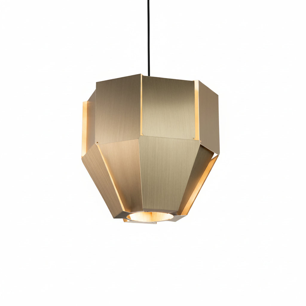 Gold geometric pendant light on a gray background