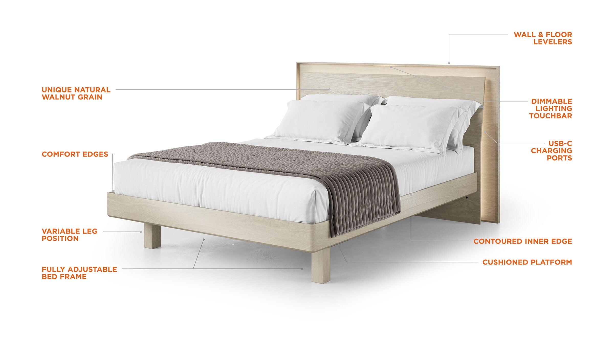 Kava 9619 King Bed by BDI | Modern Smart Platform Bed