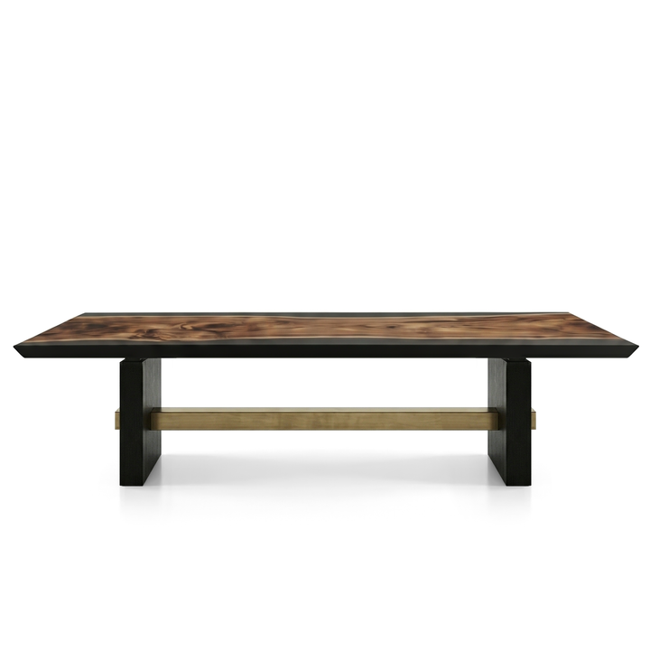Arditi Black Aurelia walnut and black resin dining table with black lacquered base and satin bronze stretcher, front studio view on white