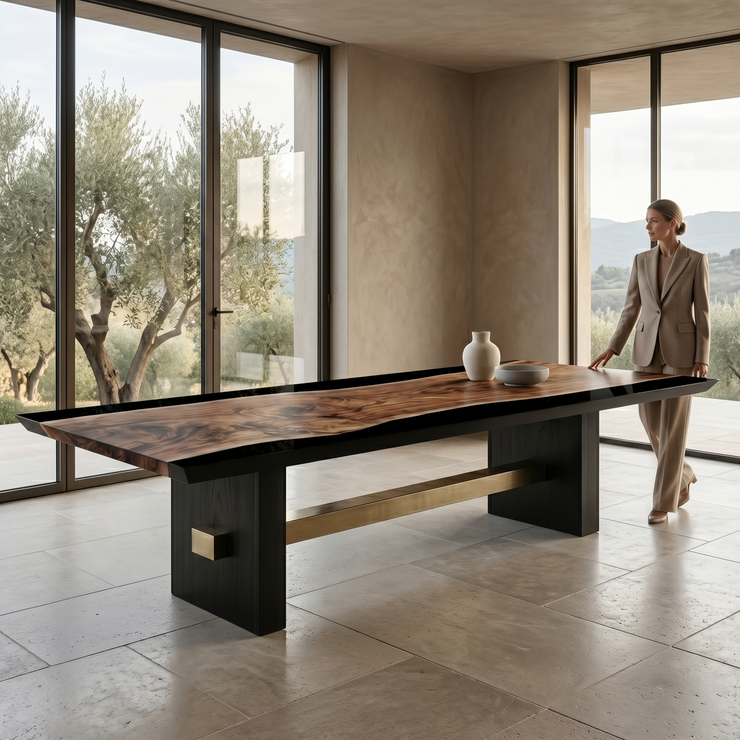 Arditi Black Aurelia walnut and black resin dining table in a bright garden-facing interior with a woman standing beside the table