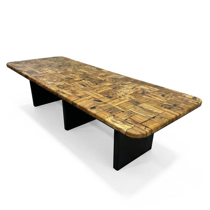 Arditi Hyperion olive wood and metal-resin dining table with rounded rectangular top and black lacquered base, studio view on white