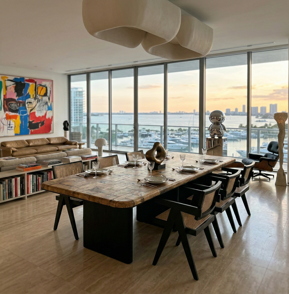 Arditi Hyperion olive wood dining table with dark chairs in a bright dining room with floor-to-ceiling city-view windows