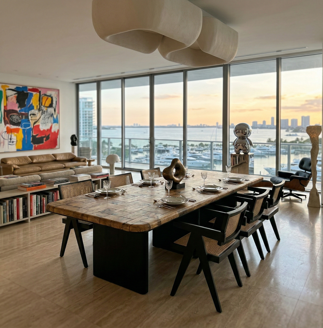 Arditi Hyperion olive wood dining table with dark chairs in a bright dining room with floor-to-ceiling city-view windows