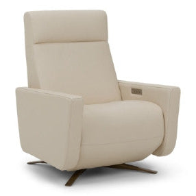 American Leather Cloud Comfort Solace recliner in white leather with an antique brass four-star base, angled studio view on white