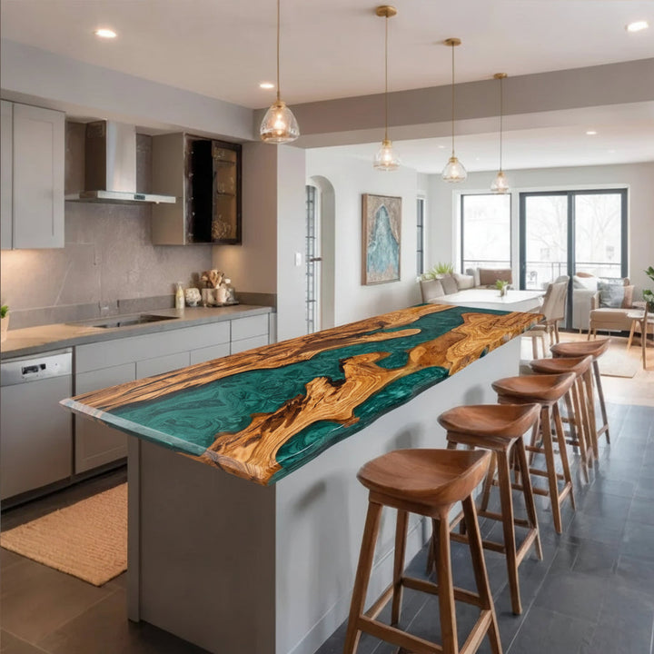 Malibu Emerald Olive Wood Dining Table by Thomas Dawn