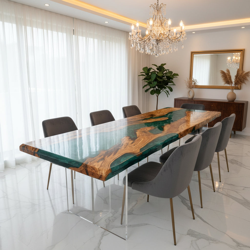 Malibu Emerald Olive Wood Dining Table by Thomas Dawn