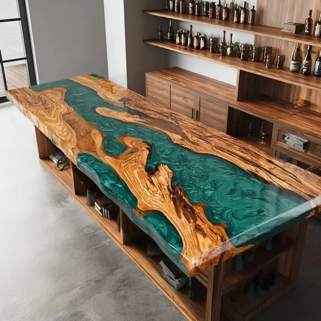 Malibu Emerald Olive Wood Dining Table by Thomas Dawn