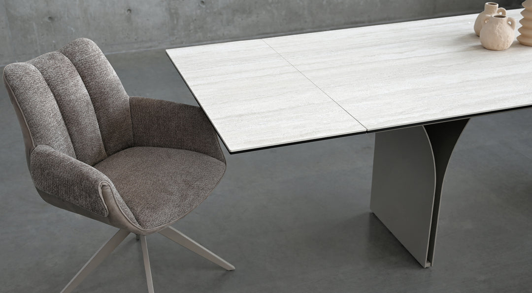 CAMBER Dining Table in Bianco Bocciardato Travertine Mobital