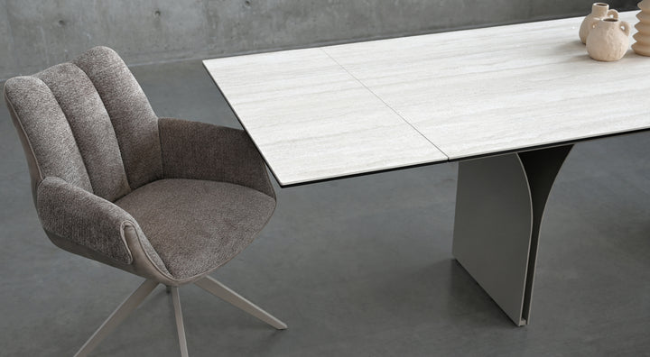 CAMBER Dining Table in Bianco Bocciardato Travertine Mobital