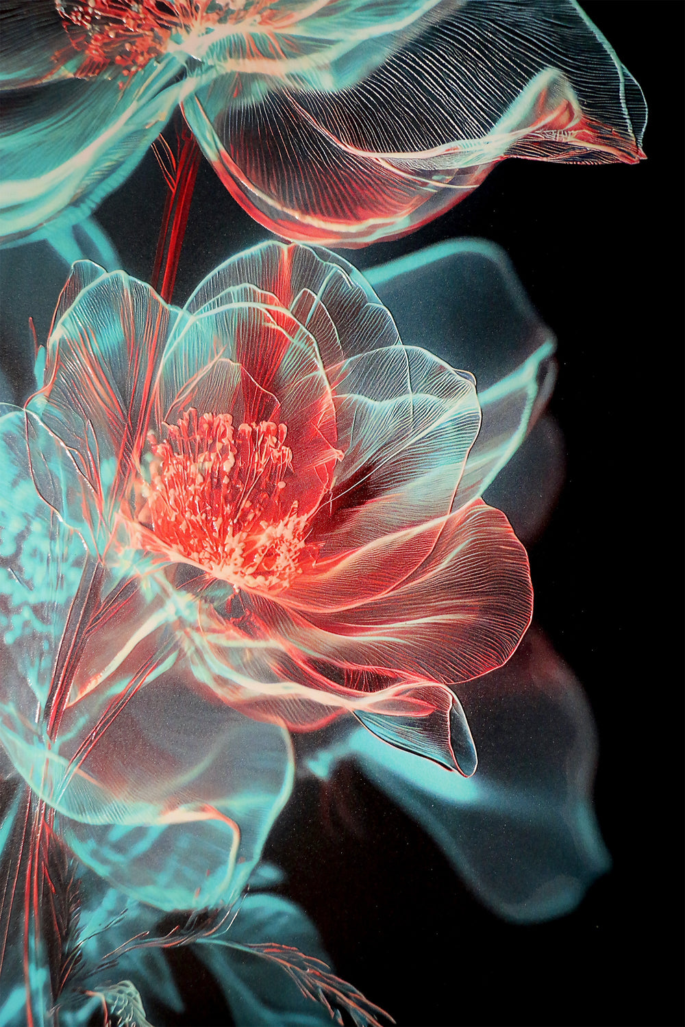 Cyan Ether Blooms — 3D Haptic Embossed High-Gloss Luxury Wall Art Insigne Art Design