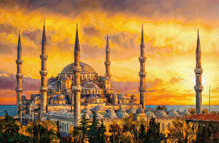 Golden Sunset Serenade: Blue Mosque — 3D Haptic Embossed High-Gloss Luxury Wall Art Home &amp; Garden > Decor > Artwork > Posters, Prints, &amp; Visual Artwork Insigne Art Design