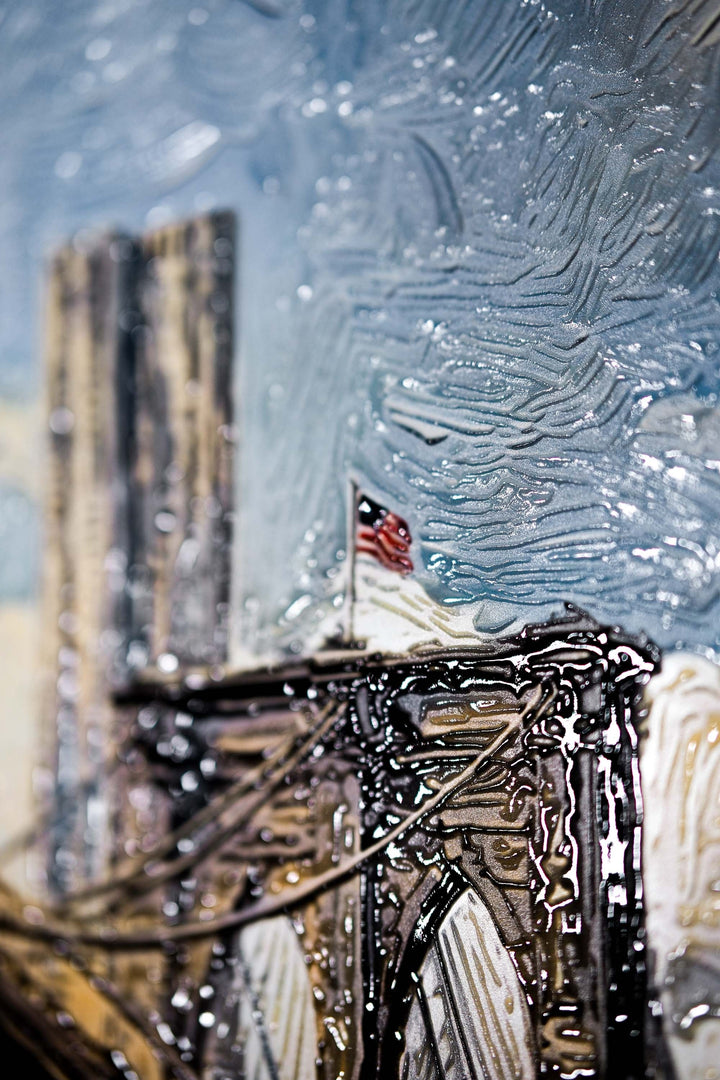 Gotham’s Golden Gateway: Brooklyn Bridge — 3D Haptic Embossed High-Gloss Luxury Wall Art Home &amp; Garden > Decor > Artwork > Posters, Prints, &amp; Visual Artwork Insigne Art Design