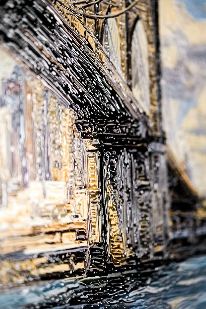 Gotham’s Golden Gateway: Brooklyn Bridge — 3D Haptic Embossed High-Gloss Luxury Wall Art Home &amp; Garden > Decor > Artwork > Posters, Prints, &amp; Visual Artwork Insigne Art Design